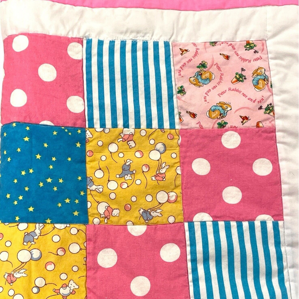 Handmade Baby Quilt Peter Rabbit Patchwork Blanket Bunnies Star Polka Dots 30x35 - Picture 5 of 9